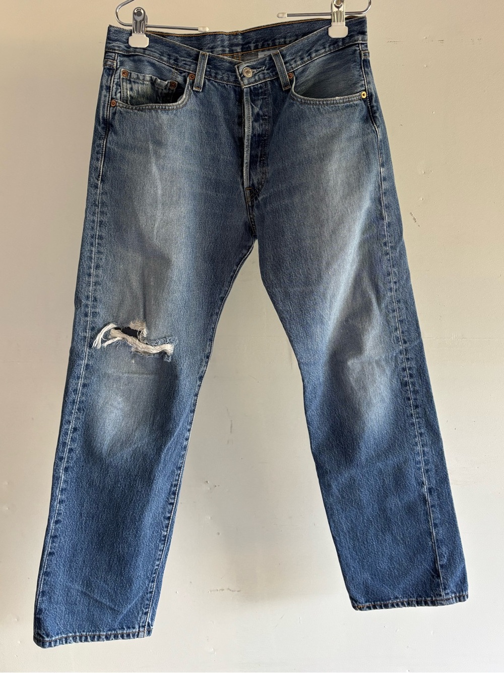 Levi’s 501, Button Fly, Distressed Denim Jeans, Size 33 x 30